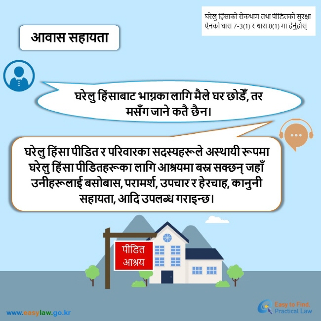 घरेलु हिंसाको रोकथाम तथा पीडितको सुरक्षा ऐनको धारा 7-3(1) र धारा 8(1) मा हेर्नुहोस् आवास सहायता घरेलु हिंसाबाट भाग्नका लागि मैले घर छोडेँ, तर मसँग जाने कतै छैन। घरेलु हिंसा पीडित र परिवारका सदस्यहरूले अस्थायी रूपमा घरेलु हिंसा पीडितहरूका लागि आश्रयमा बस्न सक्छन् जहाँ उनीहरूलाई बसोबास, परामर्श, उपचार र हेरचाह, कानुनी सहायता, आदि उपलब्ध गराइन्छ। पीडित आश्रय